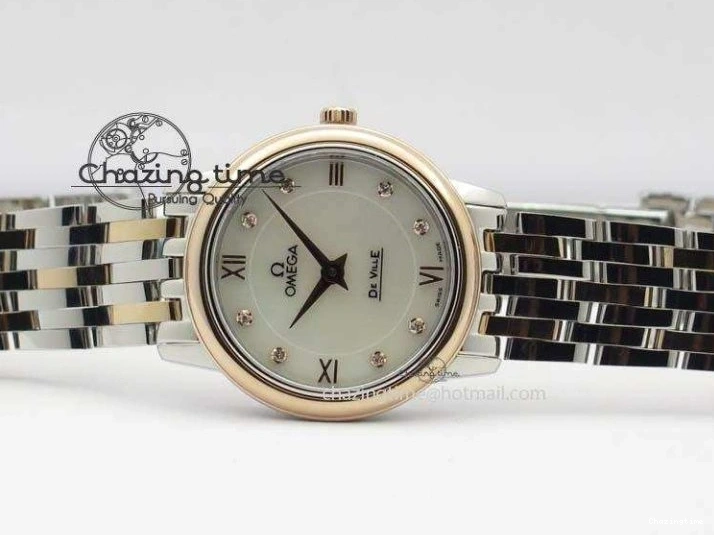 0426 De Ville 27mm SS RG Ladies MK 1:1 Best Edition White MOP Dial Diamond Markers On SS Bracelet Ronda Quartz Chic 8198